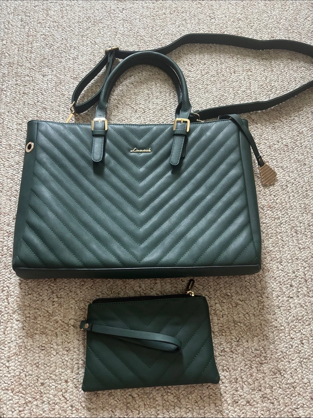 LOVEVOOK 2-Piece Quilted Faux Leather Laptop Tote & Wristlet Set – Dark Green